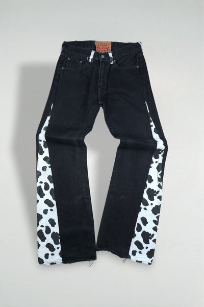 Jeans vintage Levi's Custom Rework con stampa mucca, neri | Pantaloni in denim anni 2000