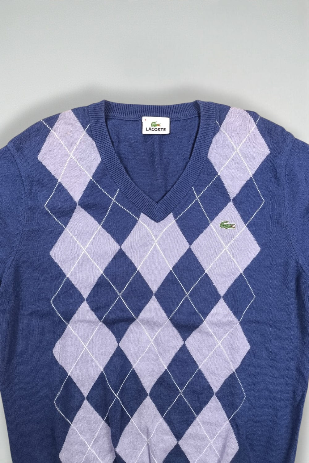 Maglione vintage Lacoste Argyle in maglia blu e lilla | Maglieria classica anni 2000