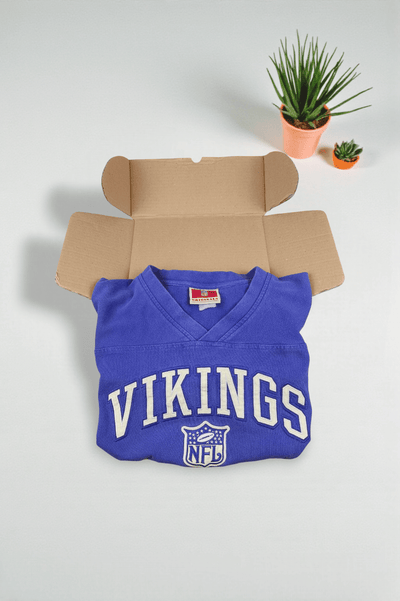 Maglia da football vintage a maniche lunghe NFL dei Minnesota Vikings, viola | Abbigliamento originale anni 2000
