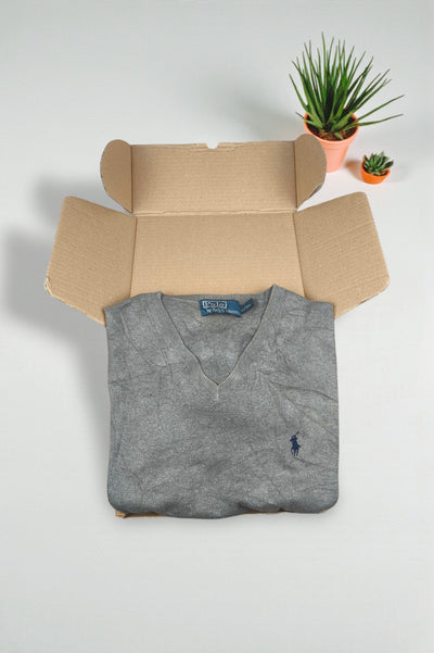 Maglione grigio con scollo a V di seconda mano di Polo Ralph Lauren | Cotone Pima