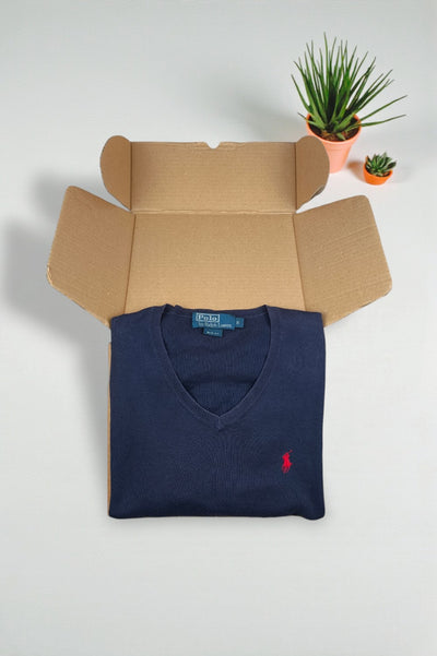 Maglione vintage con scollo a V in blu navy di Polo Ralph Lauren | Maglieria slim fit anni 2000