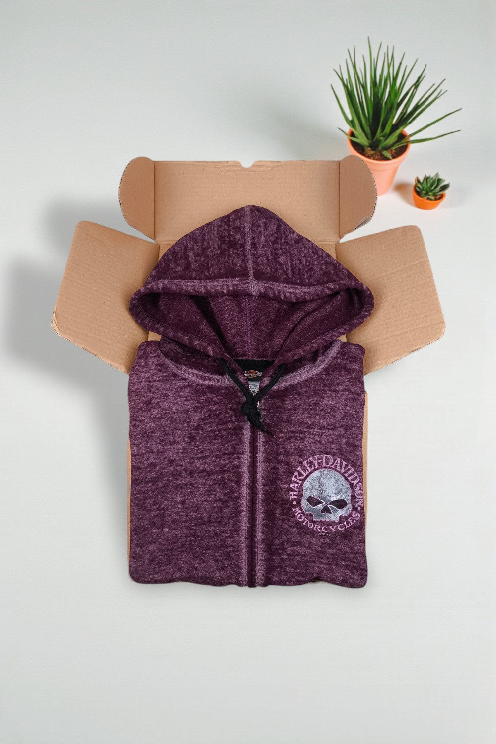 Felpa con cappuccio e zip Harley-Davidson Skull Graphic di seconda mano, viola | Capispalla streetwear anni 2010