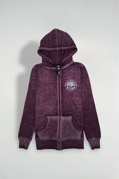 Felpa con cappuccio e zip Harley-Davidson Skull Graphic di seconda mano, viola | Capispalla streetwear anni 2010