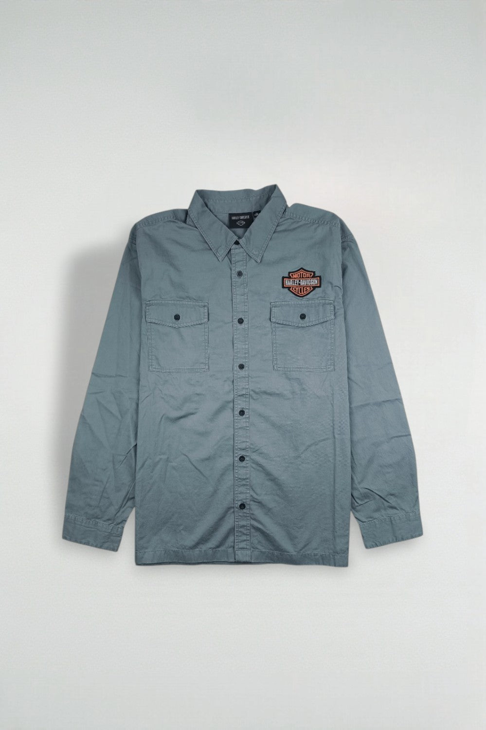 Camicia da lavoro Harley-Davidson di seconda mano con bottoni, grigia | Abbigliamento casual per motociclisti anni 2010