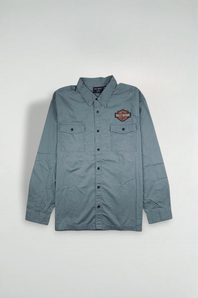 Camicia da lavoro Harley-Davidson di seconda mano con bottoni, grigia | Abbigliamento casual per motociclisti anni 2010