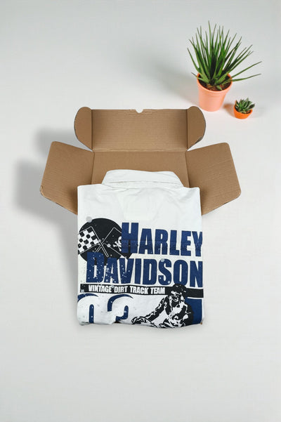 Maglietta senza maniche vintage Harley-Davidson Dirt Track bianca | Abbigliamento da corsa Y2K