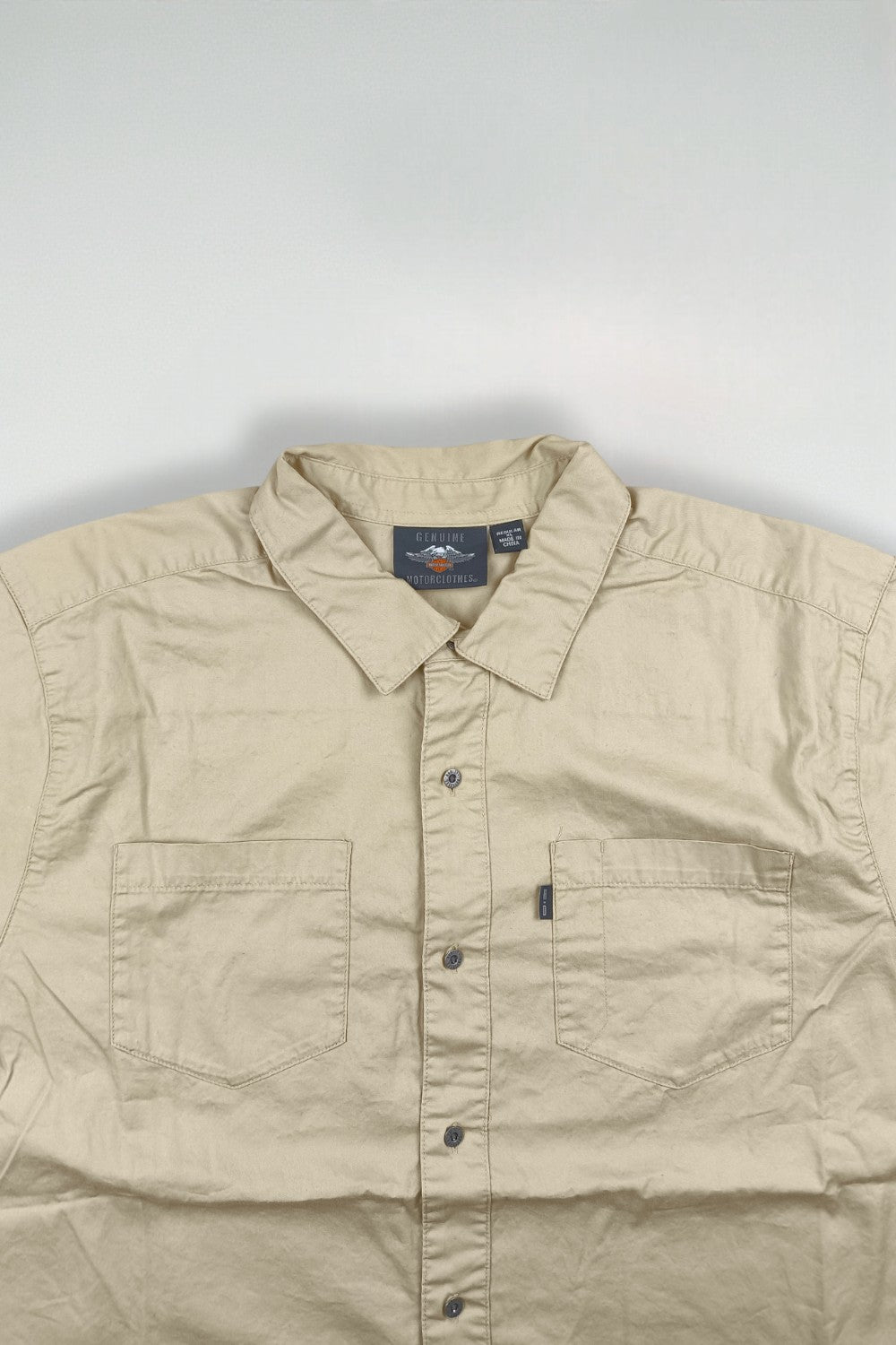 Camicia vintage Harley-Davidson a maniche corte con bottoni beige | Stile da lavoro anni 2000