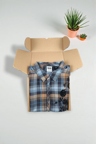 Vintage Harley-Davidson Plaid Sleeveless Shirt Blue Brown | Y2K Women’s Casual Top