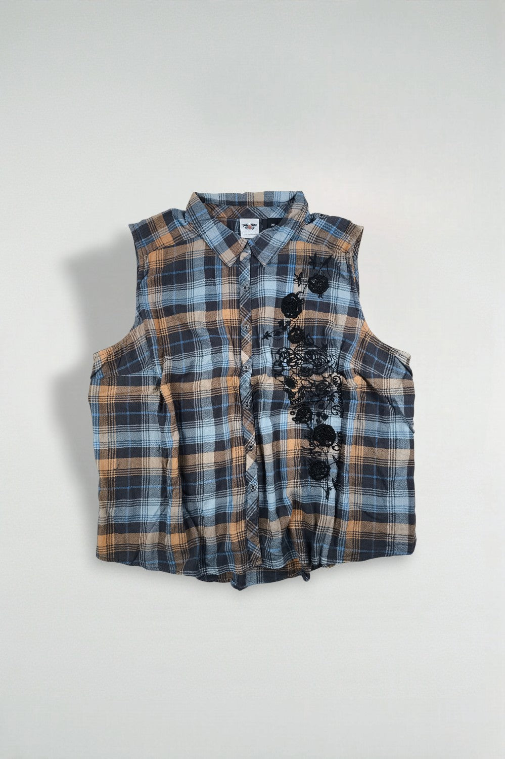 Camicia senza maniche a quadri vintage Harley-Davidson blu marrone | Top casual da donna Y2K