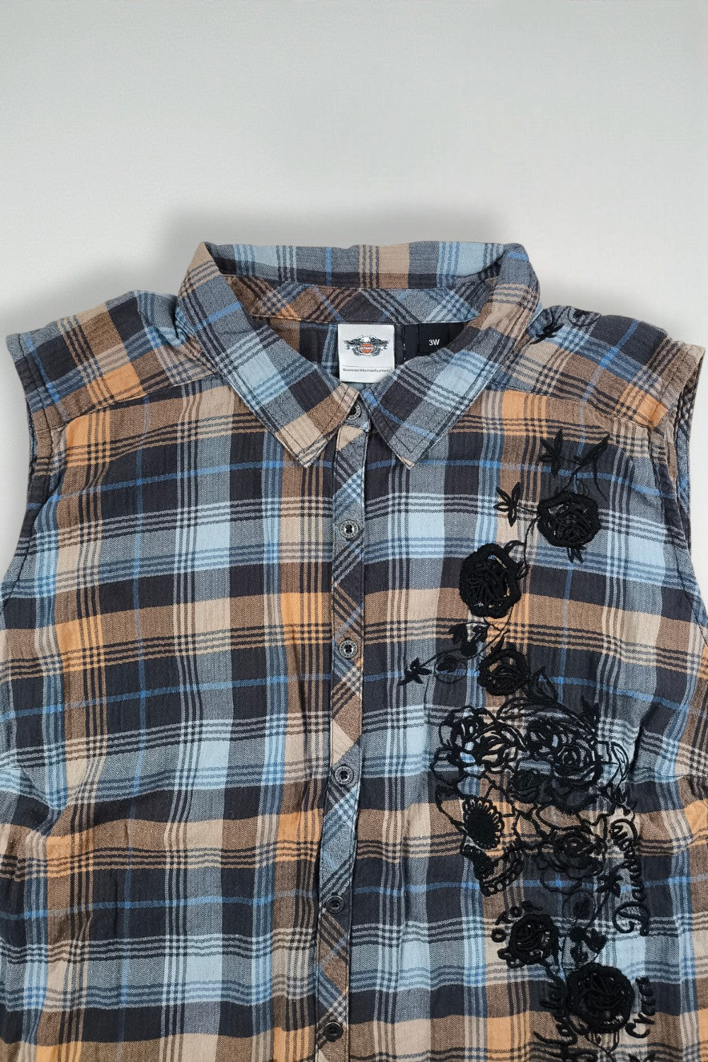 Camicia senza maniche a quadri vintage Harley-Davidson blu marrone | Top casual da donna Y2K