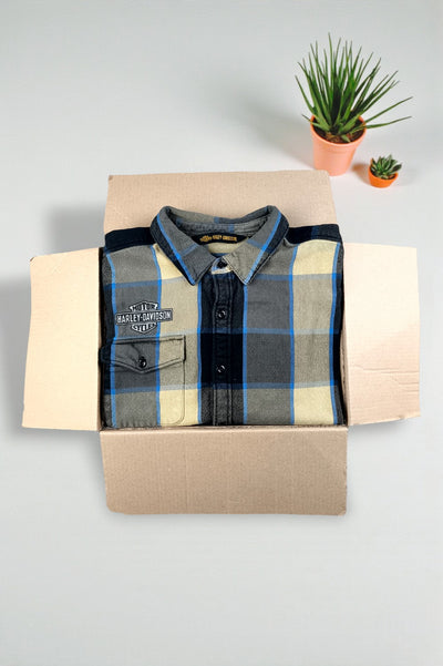 Camicia in flanella a quadri vintage Harley-Davidson blu beige | Abbigliamento da lavoro casual anni 2000