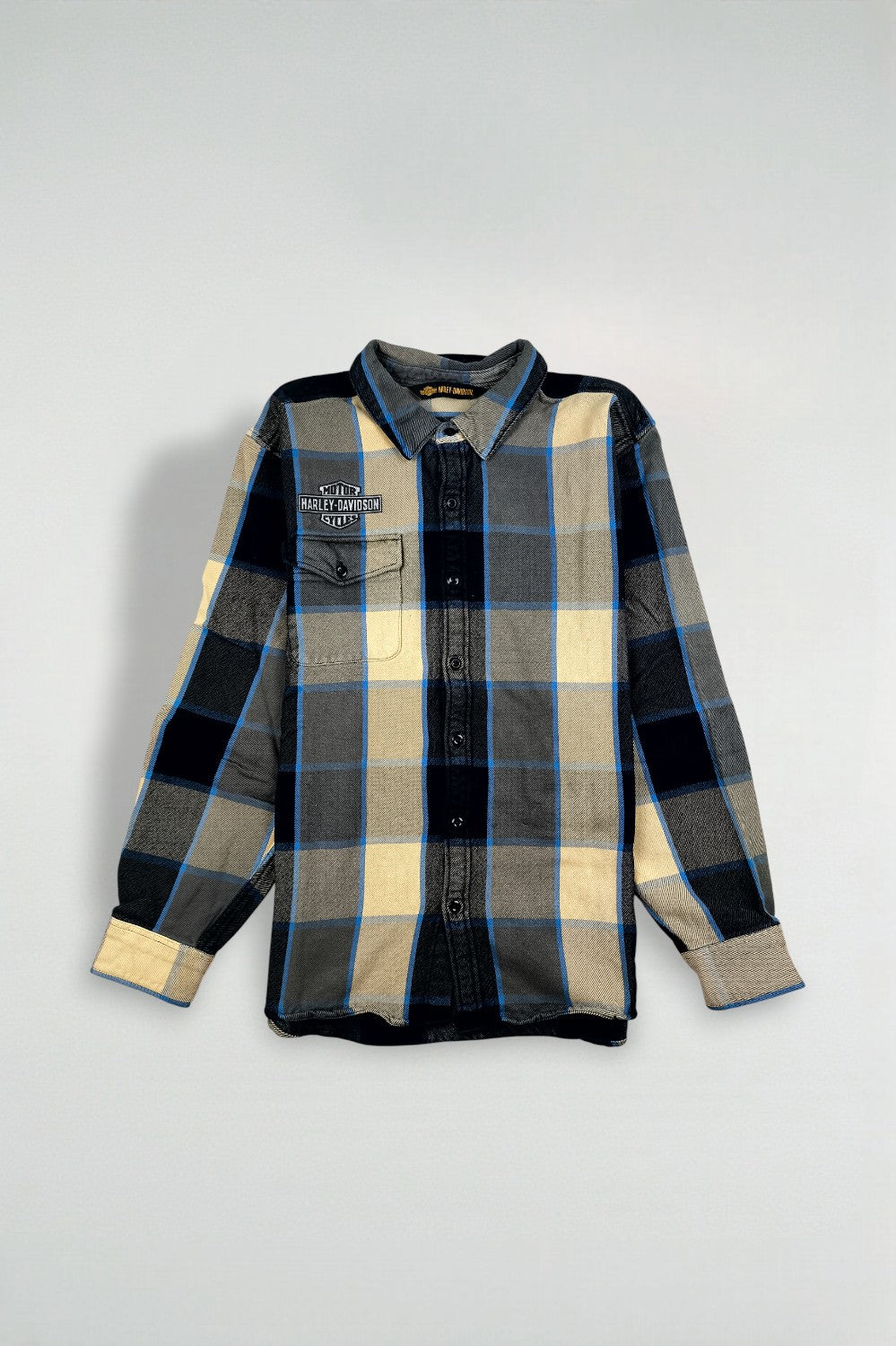 Camicia in flanella a quadri vintage Harley-Davidson blu beige | Abbigliamento da lavoro casual anni 2000