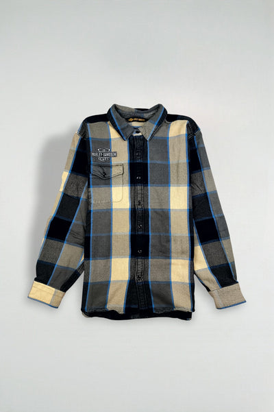 Camicia in flanella a quadri vintage Harley-Davidson blu beige | Abbigliamento da lavoro casual anni 2000