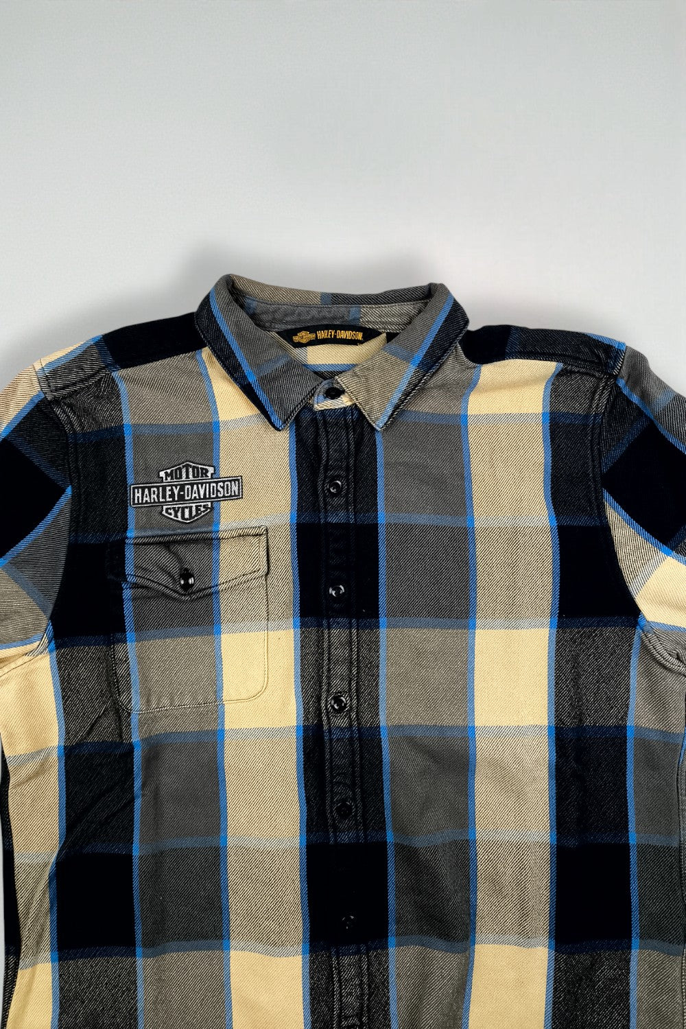 Camicia in flanella a quadri vintage Harley-Davidson blu beige | Abbigliamento da lavoro casual anni 2000