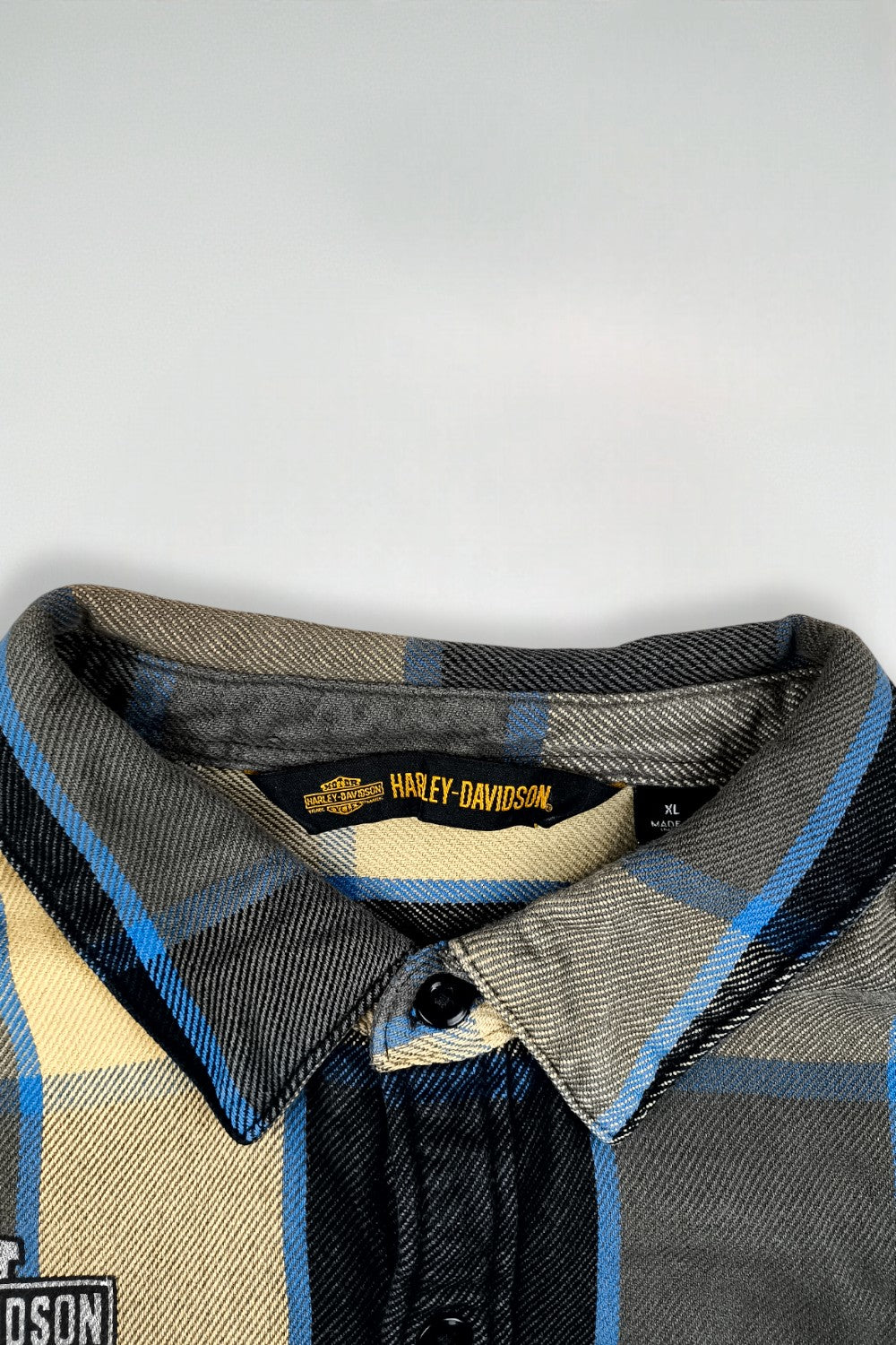 Camicia in flanella a quadri vintage Harley-Davidson blu beige | Abbigliamento da lavoro casual anni 2000