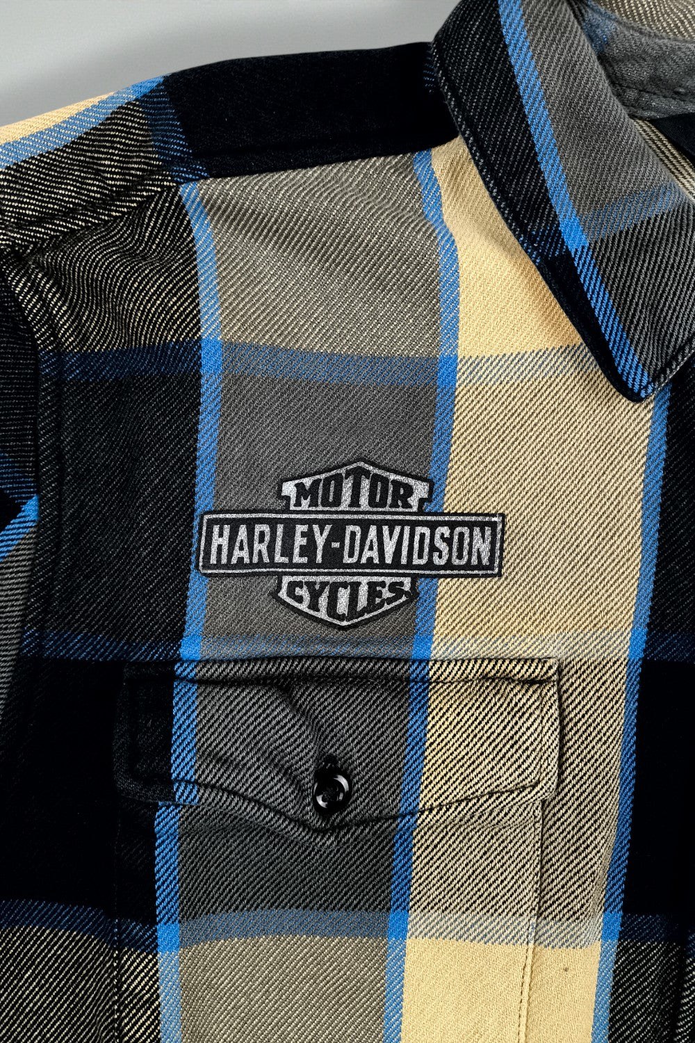 Camicia in flanella a quadri vintage Harley-Davidson blu beige | Abbigliamento da lavoro casual anni 2000