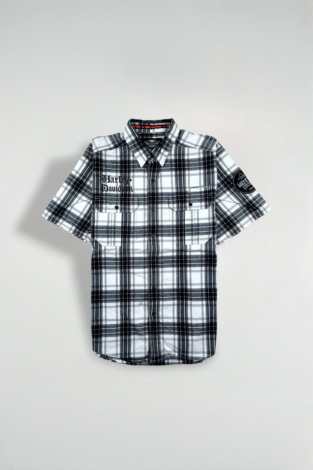 Camicia a maniche corte a quadri vintage Harley-Davidson, nera e bianca | Abbigliamento per motociclette anni 2000