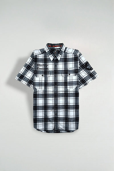 Camicia a maniche corte a quadri vintage Harley-Davidson, nera e bianca | Abbigliamento per motociclette anni 2000
