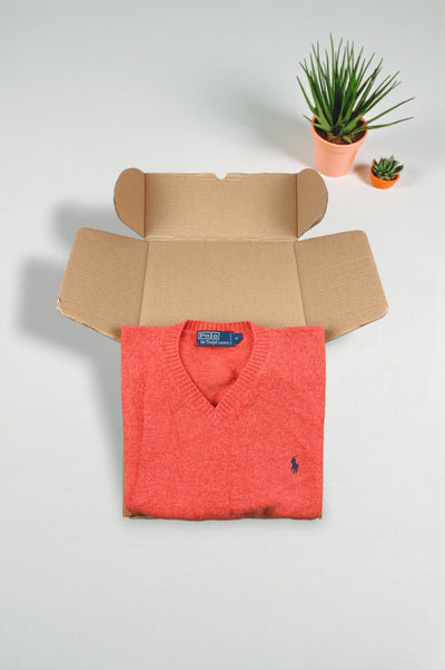 Maglione in lana d'agnello con scollo a V Polo Ralph Lauren di seconda mano, arancione | Maglieria anni 2000