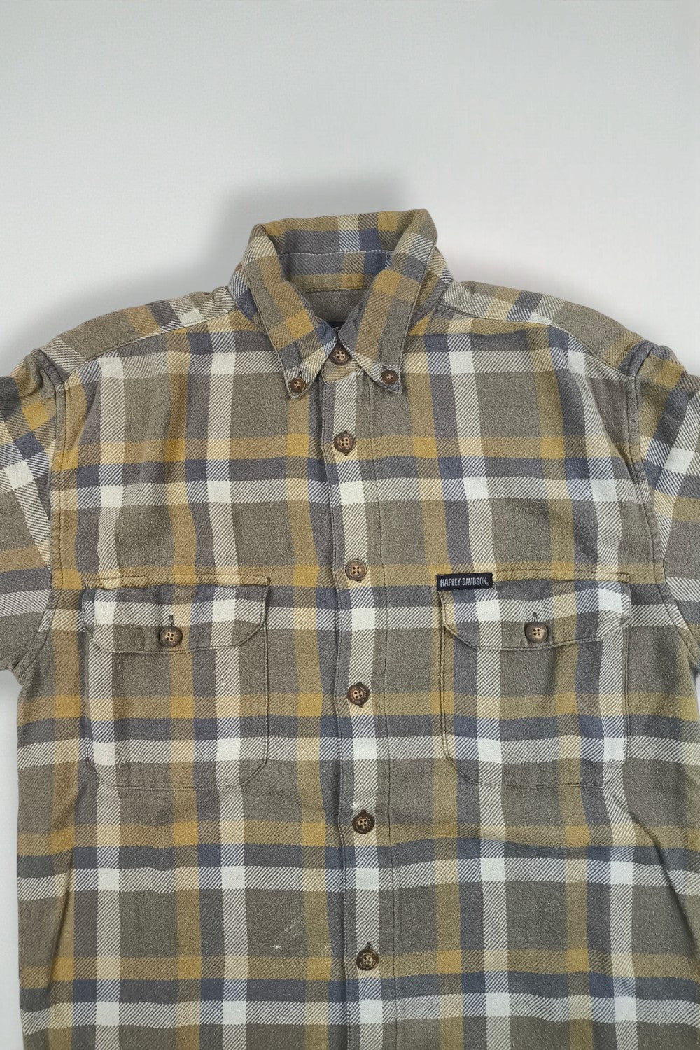 Camicia in flanella scozzese Harley-Davidson vintage grigio oliva | Camicia da lavoro con bottoni anni '90