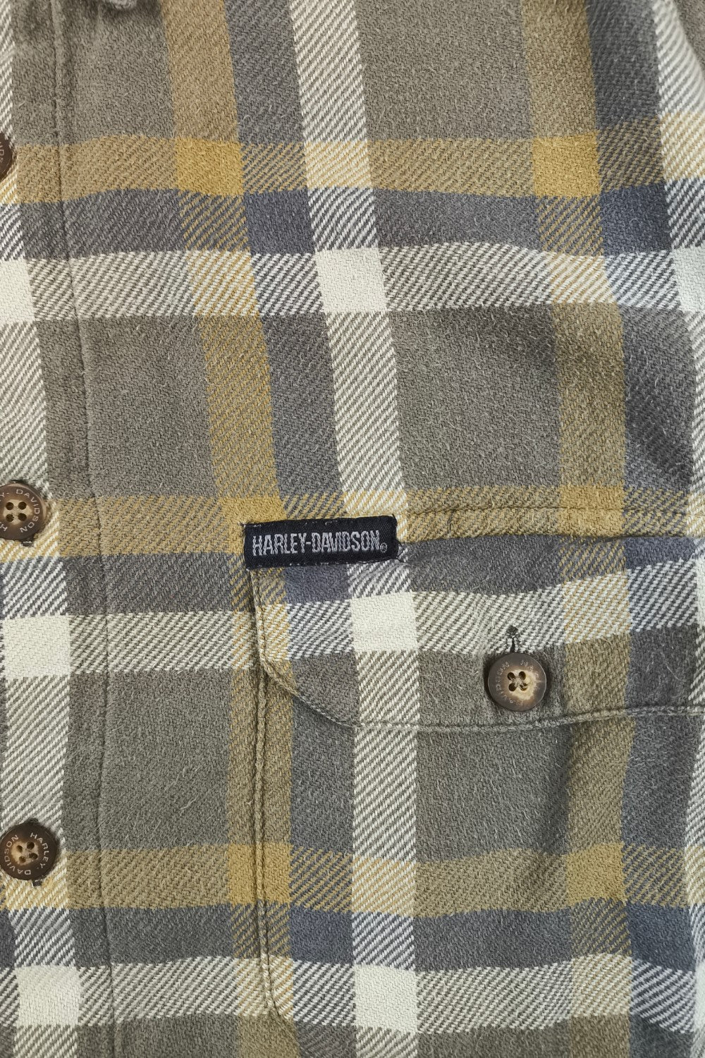 Camicia in flanella scozzese Harley-Davidson vintage grigio oliva | Camicia da lavoro con bottoni anni '90