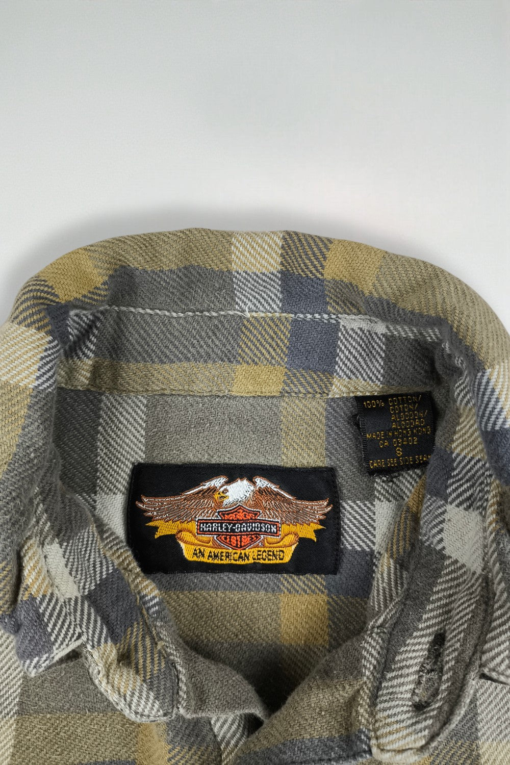 Camicia in flanella scozzese Harley-Davidson vintage grigio oliva | Camicia da lavoro con bottoni anni '90