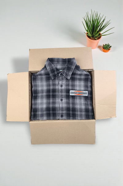 Camicia a maniche corte con bottoni a quadri Harley-Davidson vintage grigia | Abbigliamento da motociclista anni 2000