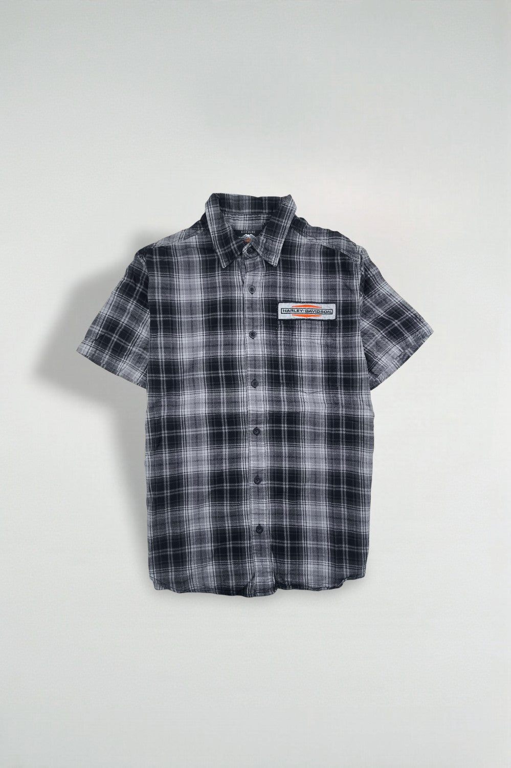 Camicia a maniche corte con bottoni a quadri Harley-Davidson vintage grigia | Abbigliamento da motociclista anni 2000