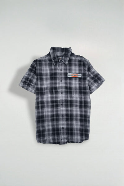 Camicia a maniche corte con bottoni a quadri Harley-Davidson vintage grigia | Abbigliamento da motociclista anni 2000
