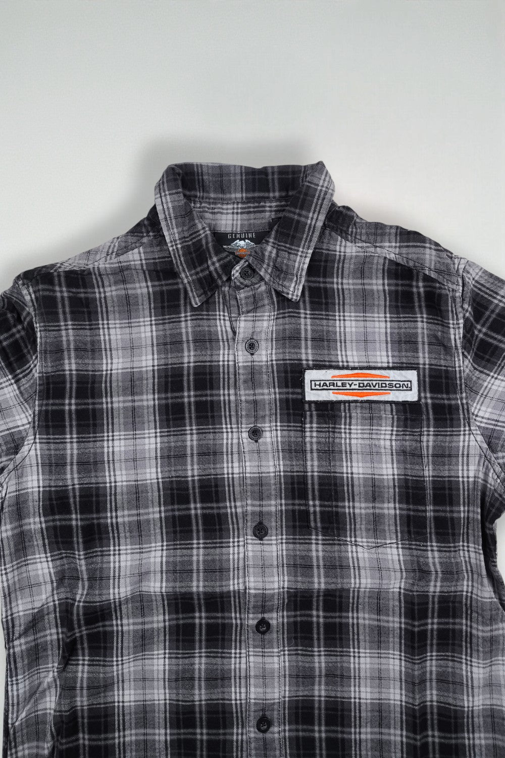 Camicia a maniche corte con bottoni a quadri Harley-Davidson vintage grigia | Abbigliamento da motociclista anni 2000