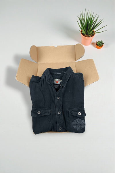 Camicia da lavoro nera vintage Harley-Davidson | Abbigliamento motociclistico anni 2000