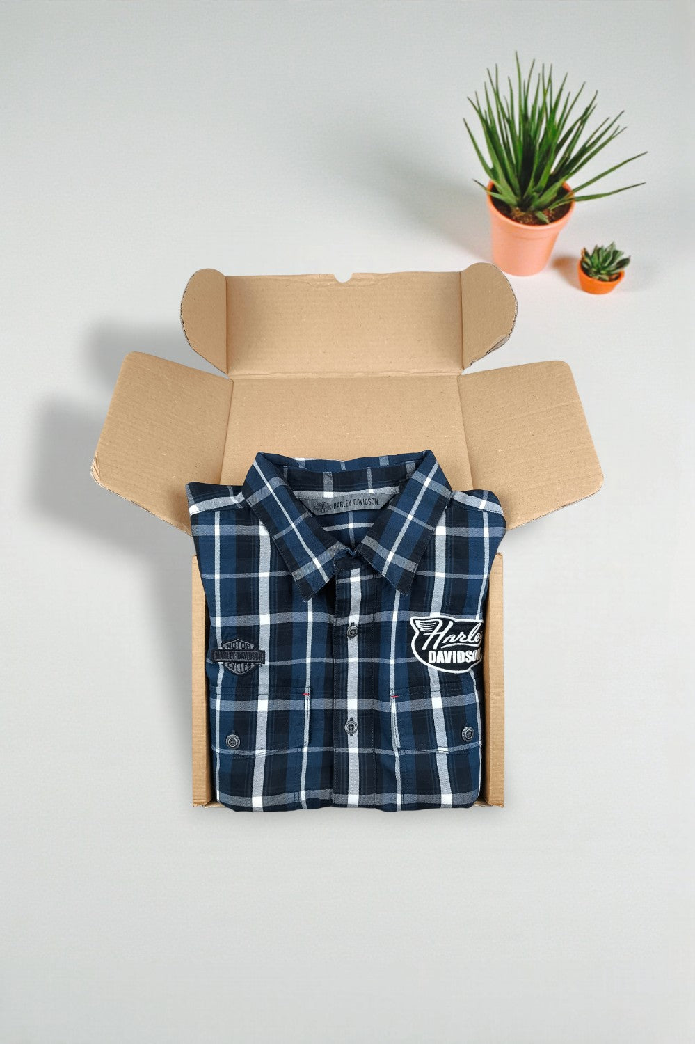 Camicia a maniche corte a quadri vintage Harley-Davidson blu navy | Abbigliamento da lavoro anni 2000