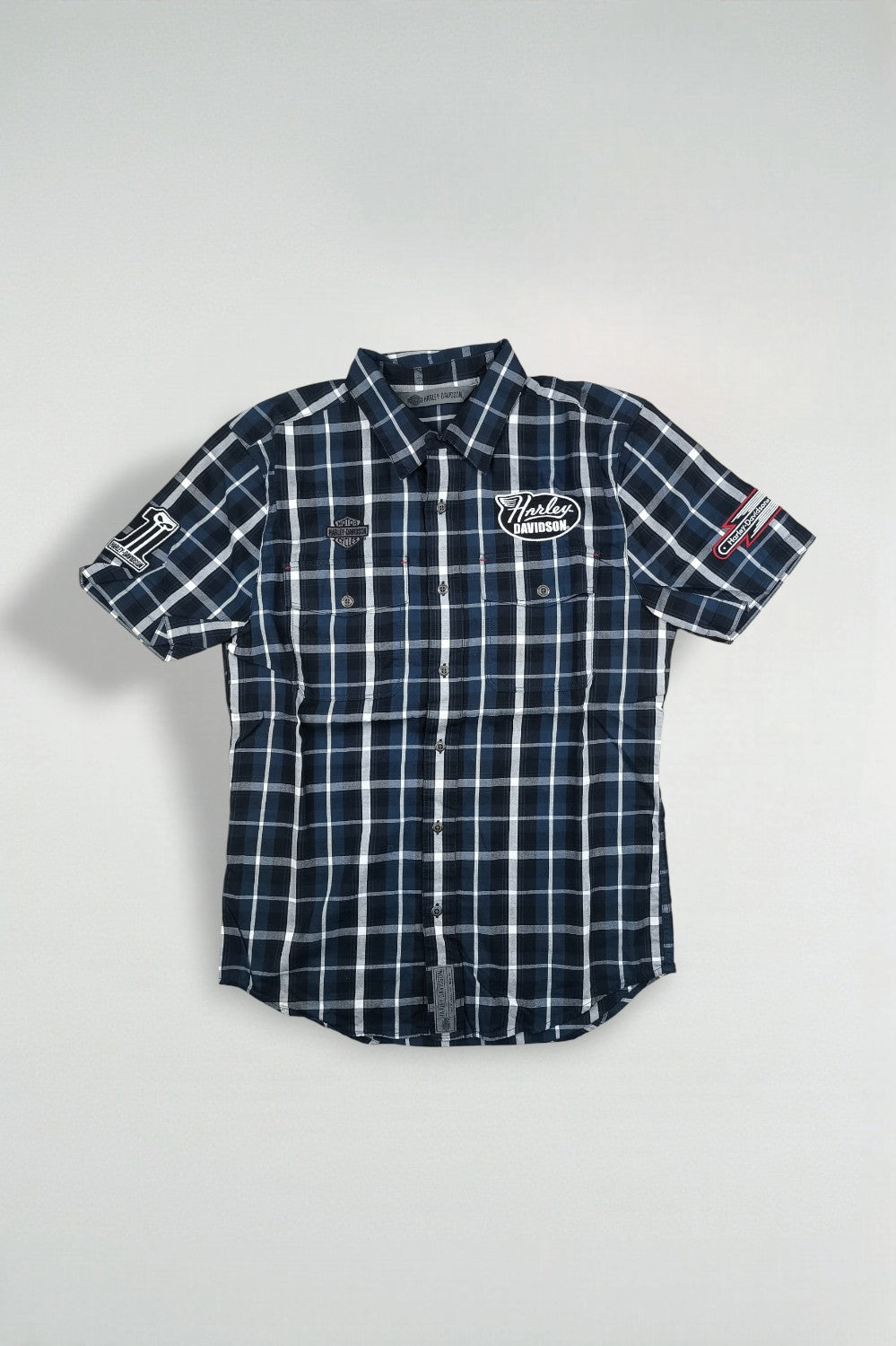 Camicia a maniche corte a quadri vintage Harley-Davidson blu navy | Abbigliamento da lavoro anni 2000
