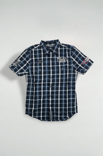 Camicia a maniche corte a quadri vintage Harley-Davidson blu navy | Abbigliamento da lavoro anni 2000