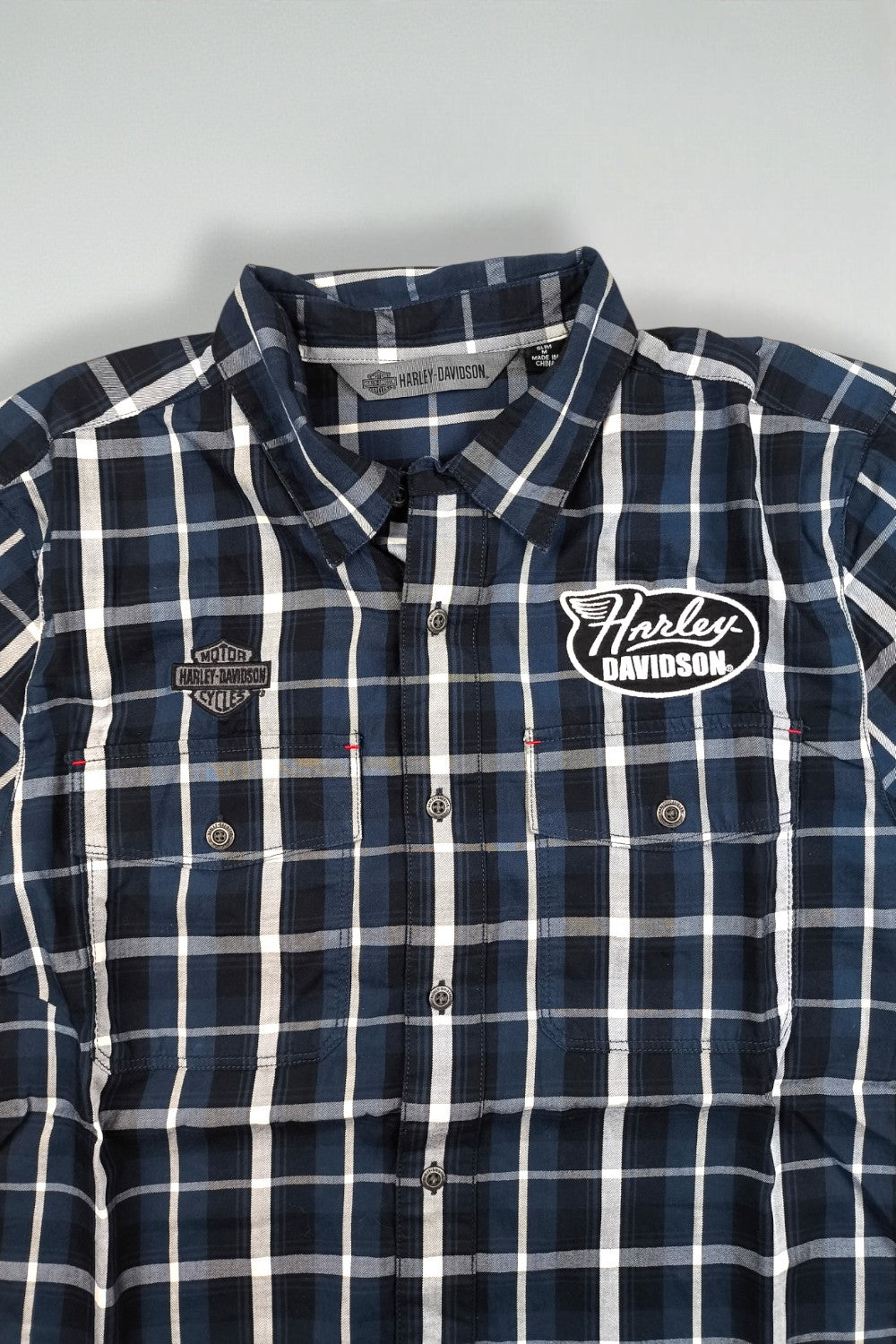 Camicia a maniche corte a quadri vintage Harley-Davidson blu navy | Abbigliamento da lavoro anni 2000