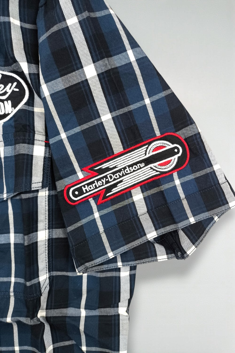 Camicia a maniche corte a quadri vintage Harley-Davidson blu navy | Abbigliamento da lavoro anni 2000