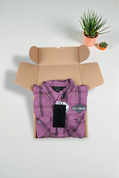 Camicia a quadri viola Harley-Davidson di seconda mano | Abbigliamento da lavoro per motociclisti Y2K