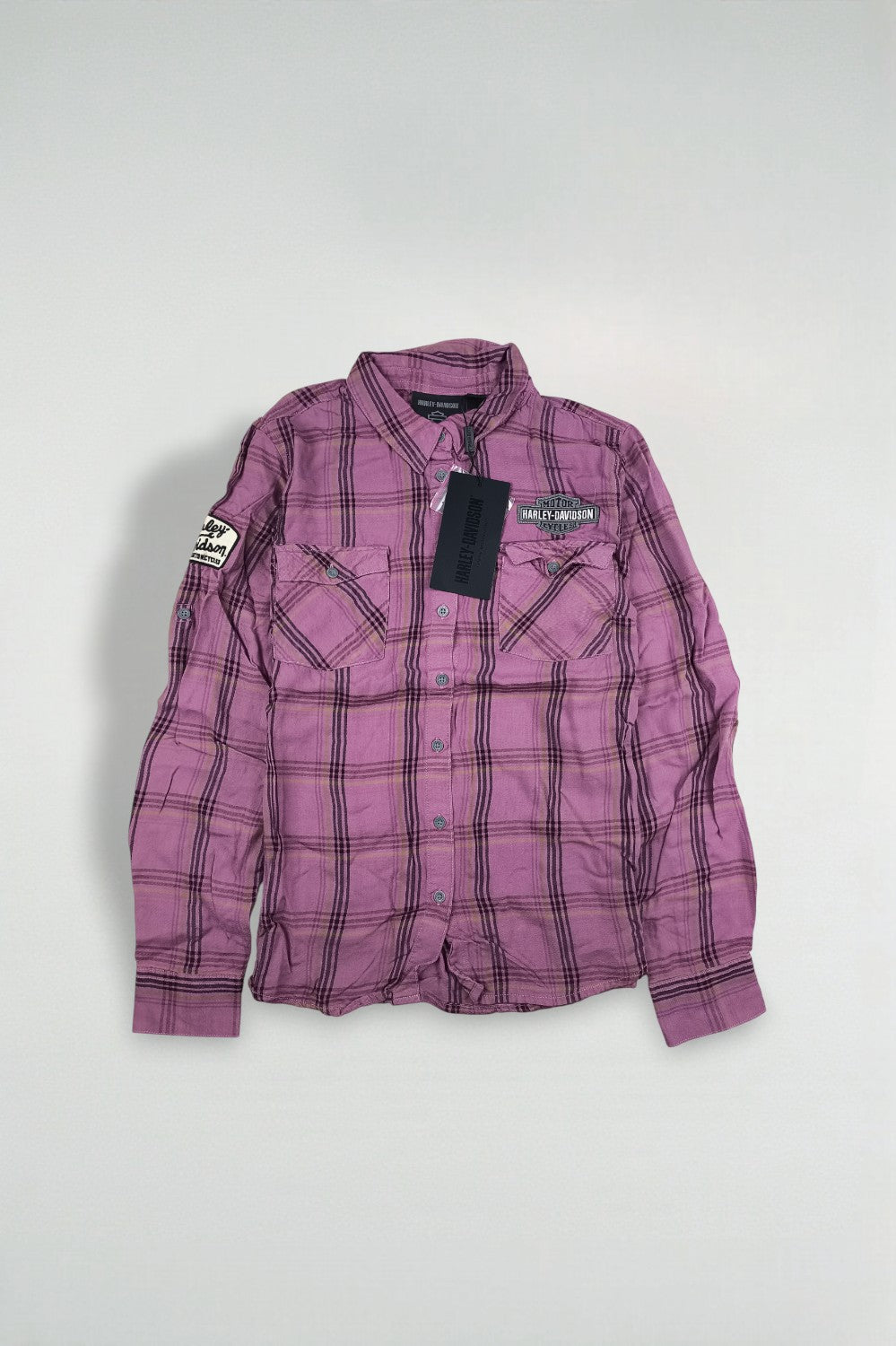 Camicia a quadri viola Harley-Davidson di seconda mano | Abbigliamento da lavoro per motociclisti Y2K