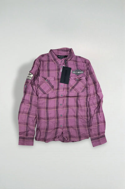 Camicia a quadri viola Harley-Davidson di seconda mano | Abbigliamento da lavoro per motociclisti Y2K