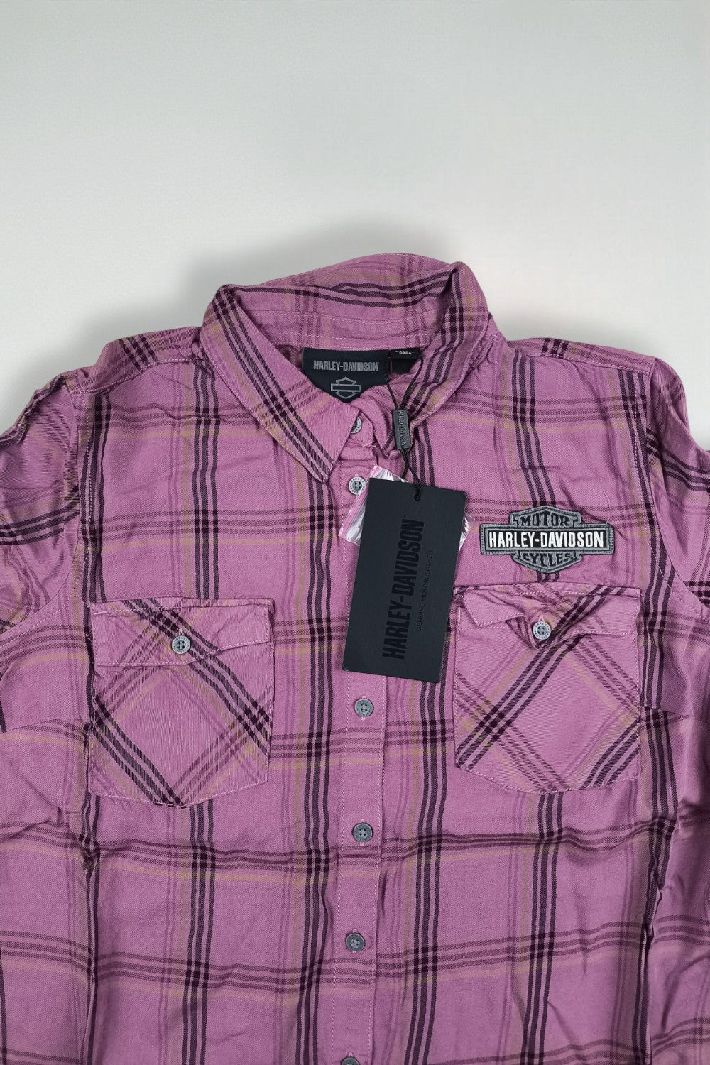 Camicia a quadri viola Harley-Davidson di seconda mano | Abbigliamento da lavoro per motociclisti Y2K