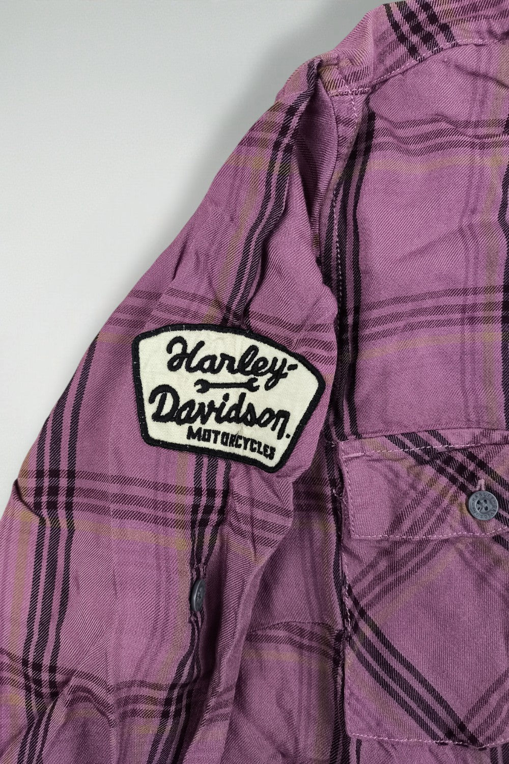 Camicia a quadri viola Harley-Davidson di seconda mano | Abbigliamento da lavoro per motociclisti Y2K