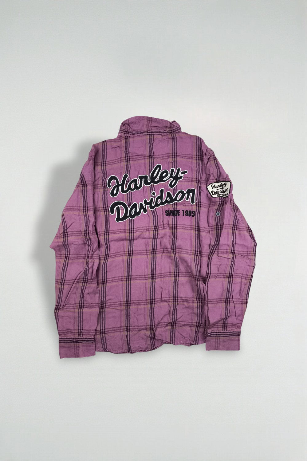 Camicia a quadri viola Harley-Davidson di seconda mano | Abbigliamento da lavoro per motociclisti Y2K