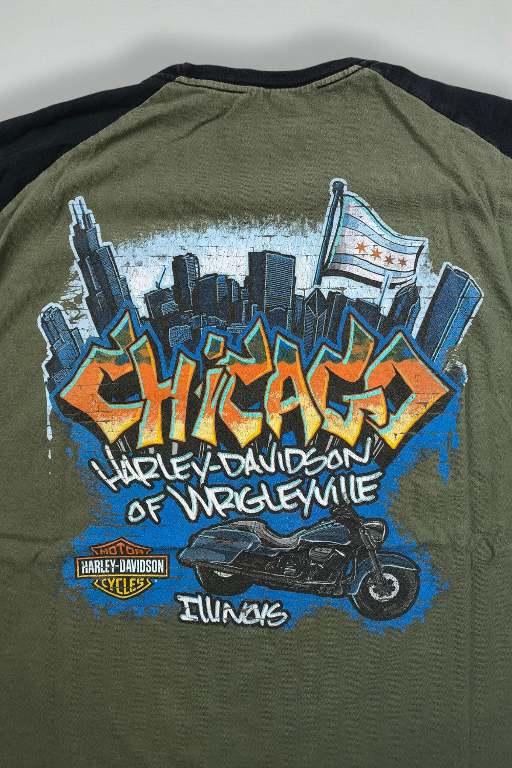 Maglietta grafica vintage Harley-Davidson Chicago Wrigleyville verde e nera | Maglietta da motociclista anni 2000