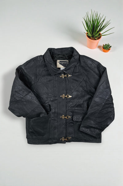 Giacca da pompiere vintage in pelle nera Minigance | Capispalla francese anni '90