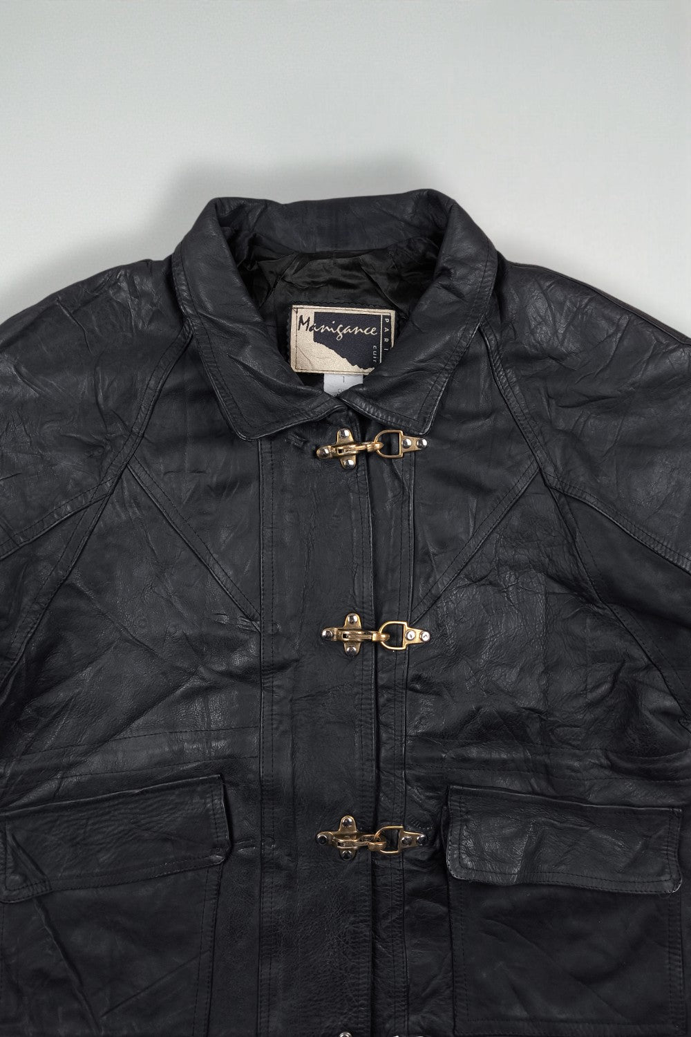 Giacca da pompiere vintage in pelle nera Minigance | Capispalla francese anni '90