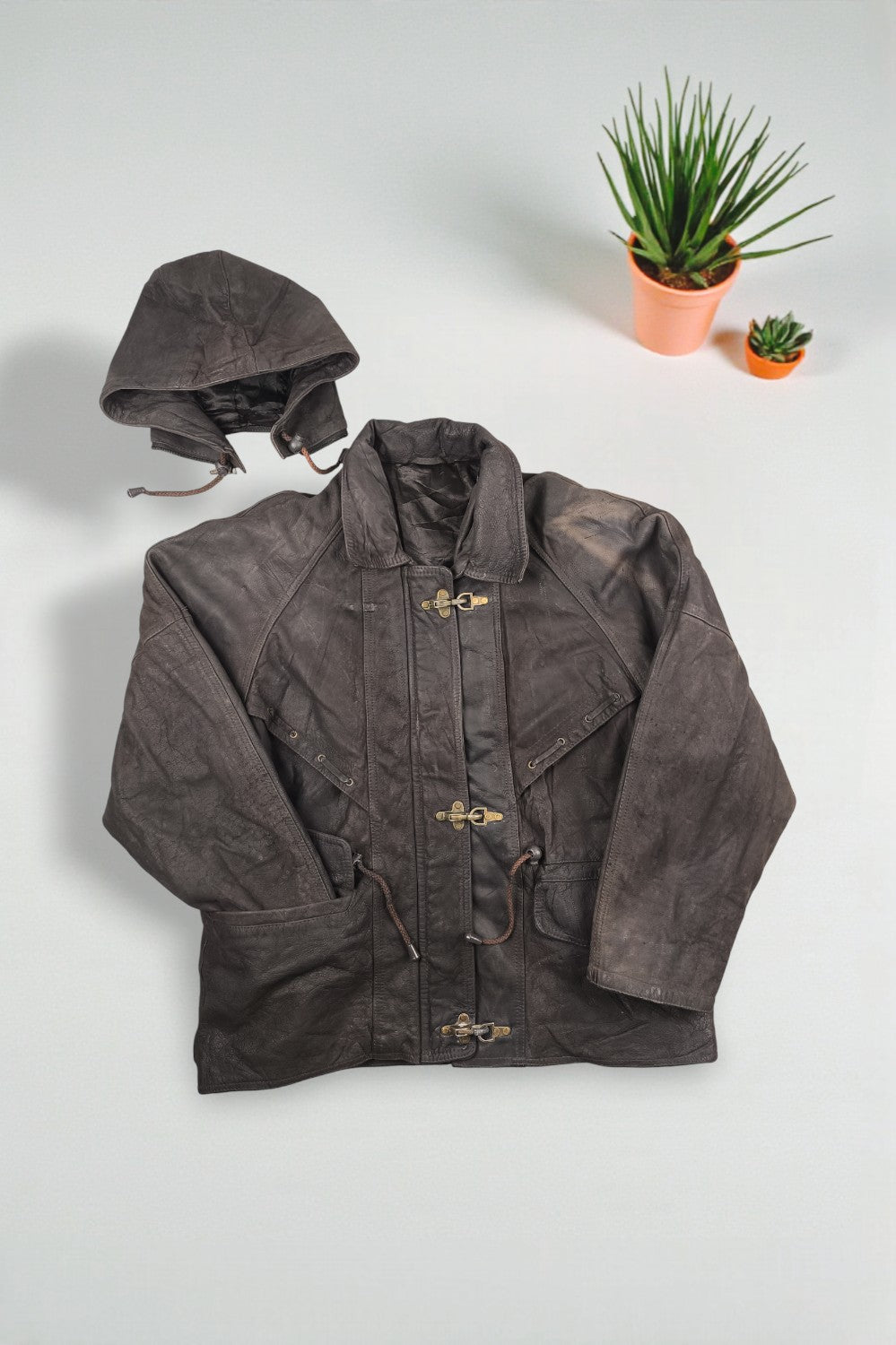 Giacca da pompiere vintage in vera pelle con cappuccio, marrone scuro | Capispalla utility anni '90
