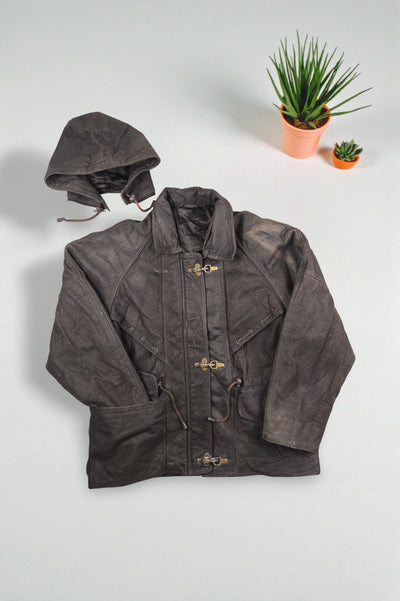 Giacca da pompiere vintage in vera pelle con cappuccio, marrone scuro | Capispalla utility anni '90