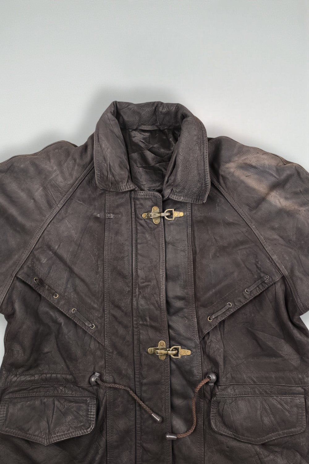 Giacca da pompiere vintage in vera pelle con cappuccio, marrone scuro | Capispalla utility anni '90
