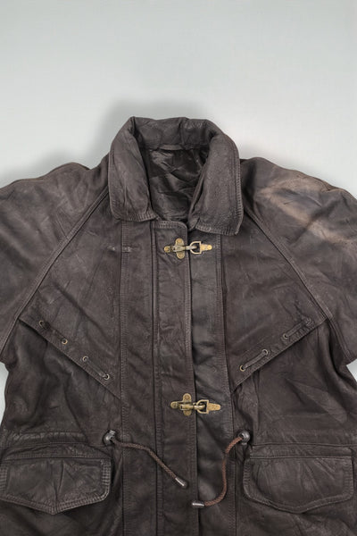 Giacca da pompiere vintage in vera pelle con cappuccio, marrone scuro | Capispalla utility anni '90