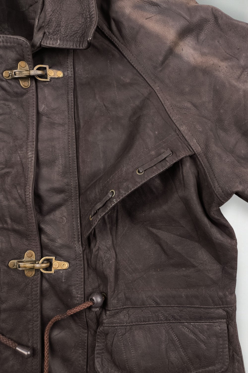 Giacca da pompiere vintage in vera pelle con cappuccio, marrone scuro | Capispalla utility anni '90